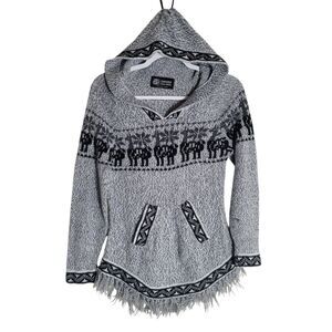 Chasqui Bolivian Alpaca Knit Hoodie Sweater Women's Size Small Gray Fringe Boho